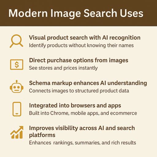 Square, PowerPoint-style slide. Header Text: (Modern Image Search Uses). List items depicted: Visual product search with AI recognition, Identify products without knowing their names. Direct purchase options from images, See stores and prices instantly. Schema markup enhances AI understanding, Connects images to structured product data. Integrated into browsers and apps, Built into Chrome, mobile apps, and ecommerce. Improves visibility across AI and search platforms, Enhances rankings, summaries, and rich results.